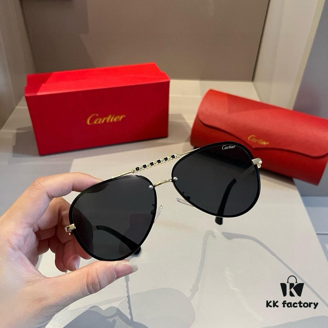Cartier Men's 1:1 High-End Aviator Sunglasses, Elegant and Luxurious with Minimalist Signature Logo on Temples