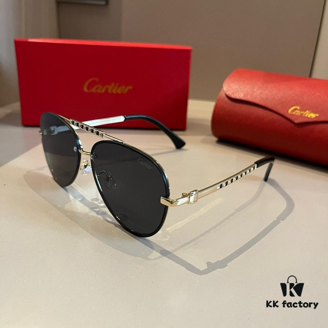 Cartier Men's Official Website 1:1 Large Aviator Sunglasses, High-End and Elegant, Minimalist Signature Logo on Temples, Luxuriously Crafted