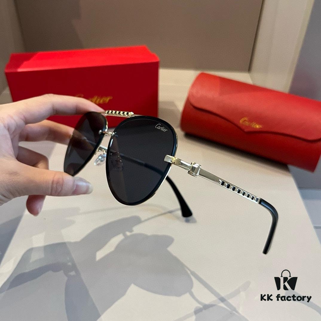 Cartier Men's Official Website 1:1 Large Aviator Sunglasses, High-End and Elegant, Minimalist Signature Logo on Temples, Luxuriously Crafted