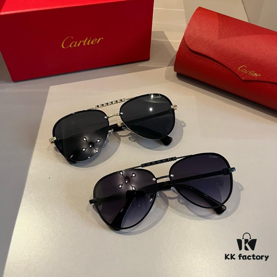 Cartier Men's Official Website 1:1 Large Aviator Sunglasses, High-End and Elegant, Minimalist Signature Logo on Temples, Luxuriously Crafted