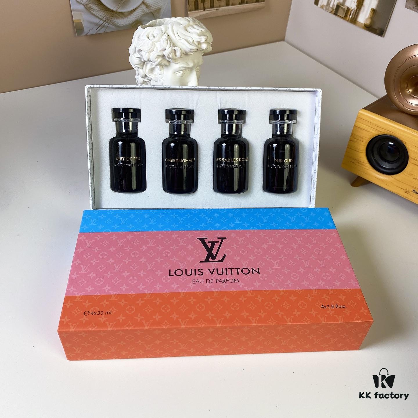 Louis Vuitton LV Black Bottle Limited Edition Travel Set of Four 30ml x 4 with Sprayers, Including Night Fire, Floating Shadow, Saabo Rose, Pure Oud
