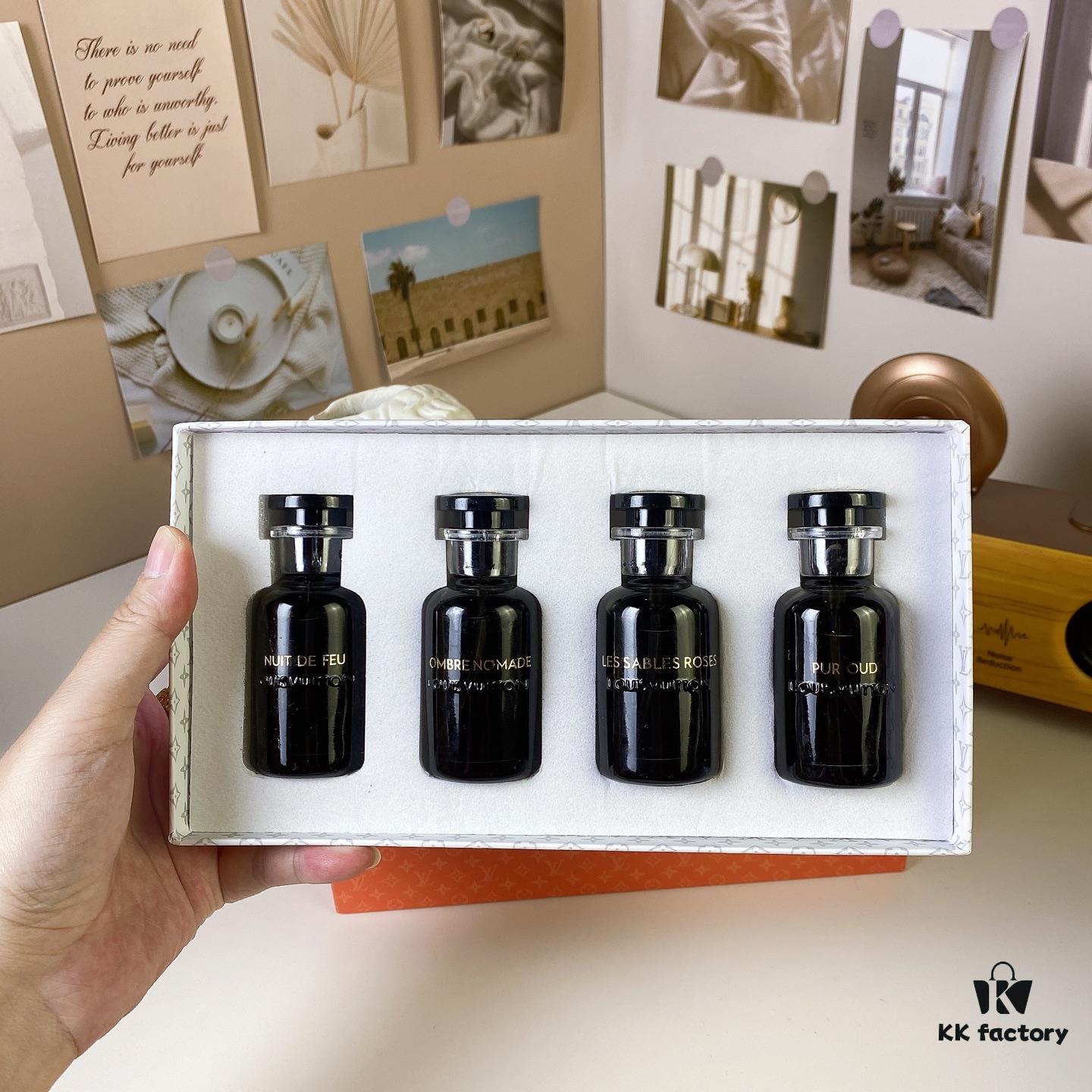 Louis Vuitton LV Black Bottle Limited Edition Travel Set of Four 30ml x 4 with Sprayers, Including Night Fire, Floating Shadow, Saabo Rose, Pure Oud