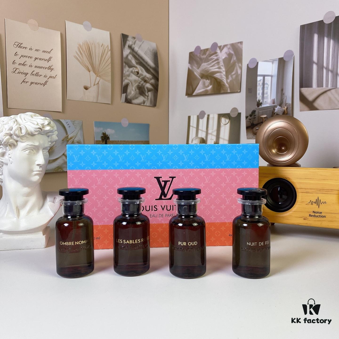 Louis Vuitton LV Black Bottle Limited Edition Travel Set of Four 30ml x 4 with Sprayers, Including Night Fire, Floating Shadow, Saabo Rose, Pure Oud