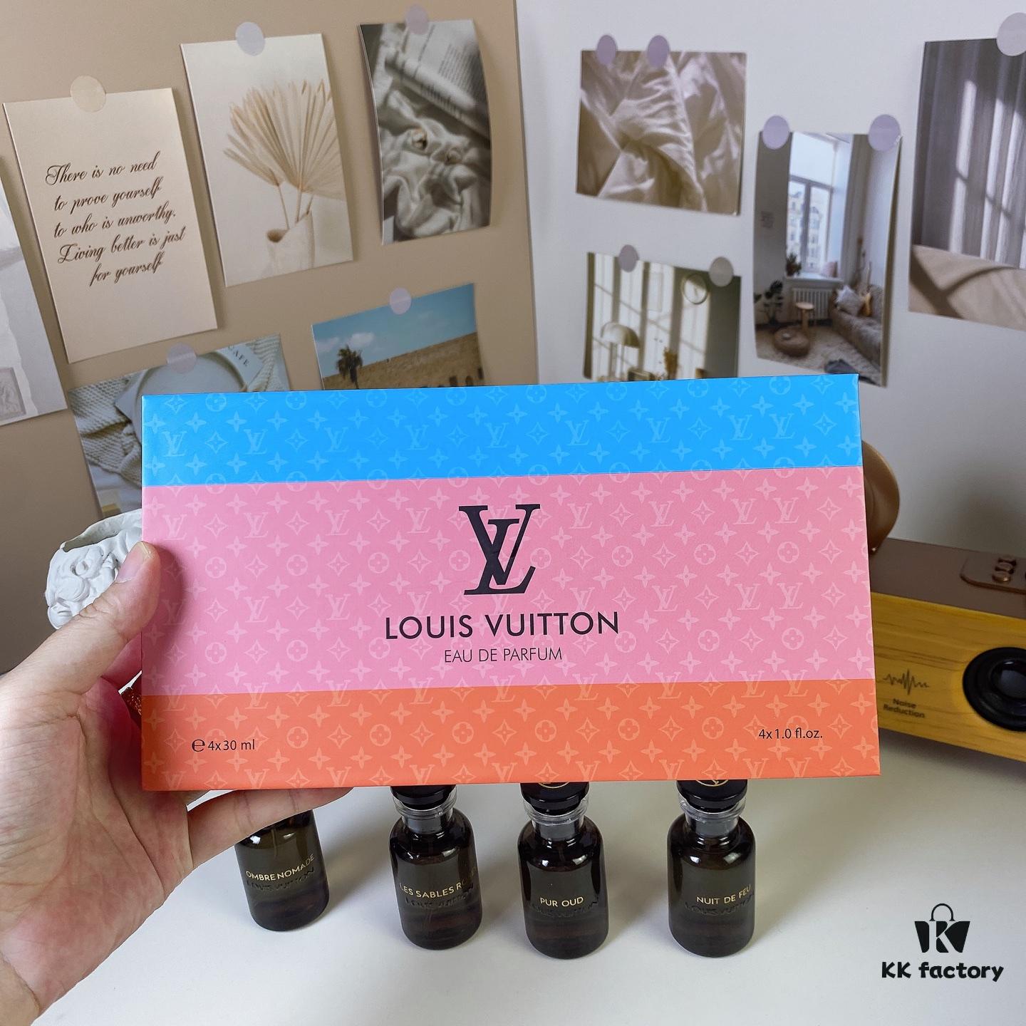Louis Vuitton LV Black Bottle Limited Edition Travel Set of Four 30ml x 4 with Sprayers, Including Night Fire, Floating Shadow, Saabo Rose, Pure Oud