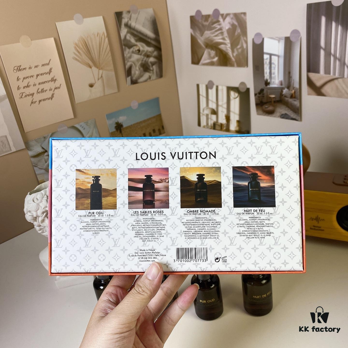 Louis Vuitton LV Black Bottle Limited Edition Travel Set of Four 30ml x 4 with Sprayers, Including Night Fire, Floating Shadow, Saabo Rose, Pure Oud