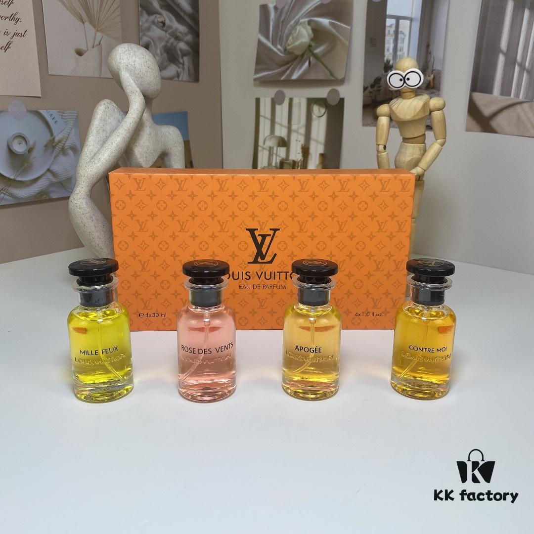 Louis Vuitton Travel Set of 4 Mini Perfumes 30ml×4 with Spray Heads, Including: Rose des Vents, L'Immensité, Sur la Route, Briller