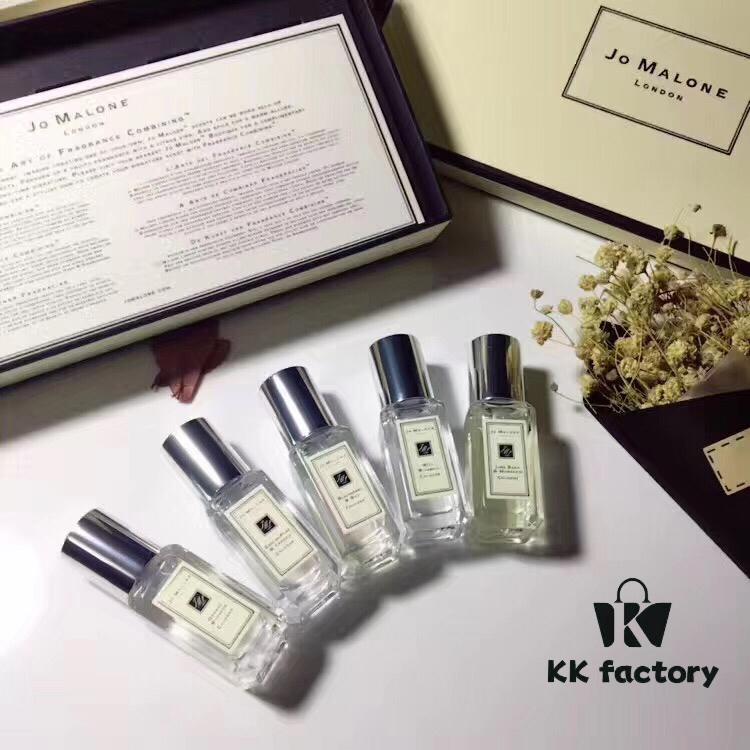 Authentic Retail Genuine Jo Malone Perfume Set of 5 Mini Bottles (Lime Basil & Mandarin + Orange Blossom + Bluebell + Blackberry & Bay + English Pear & Freesia) 9ml with 5 Spray Heads