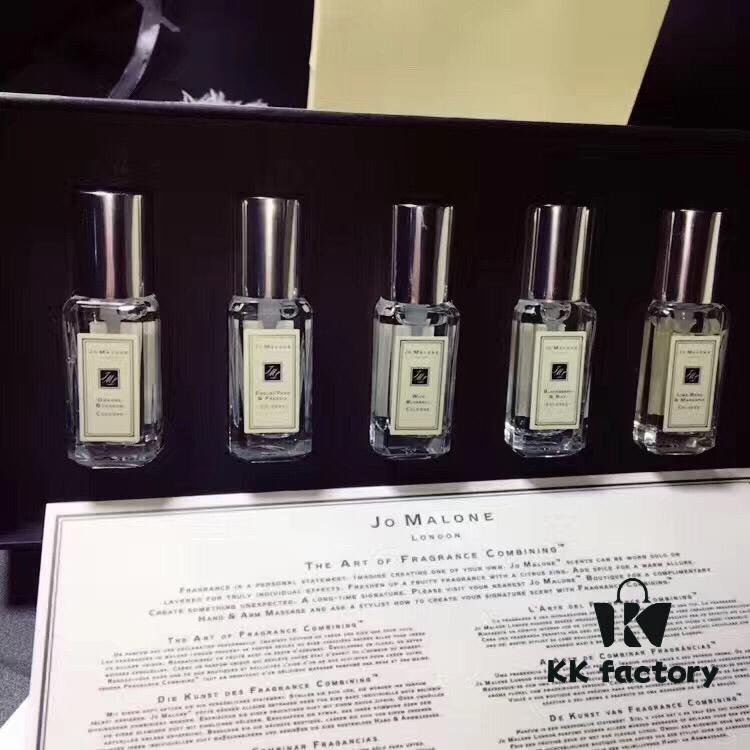 Authentic Retail Genuine Jo Malone Perfume Set of 5 Mini Bottles (Lime Basil & Mandarin + Orange Blossom + Bluebell + Blackberry & Bay + English Pear & Freesia) 9ml with 5 Spray Heads