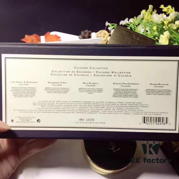 Authentic Retail Genuine Jo Malone Perfume Set of 5 Mini Bottles (Lime Basil & Mandarin + Orange Blossom + Bluebell + Blackberry & Bay + English Pear & Freesia) 9ml with 5 Spray Heads