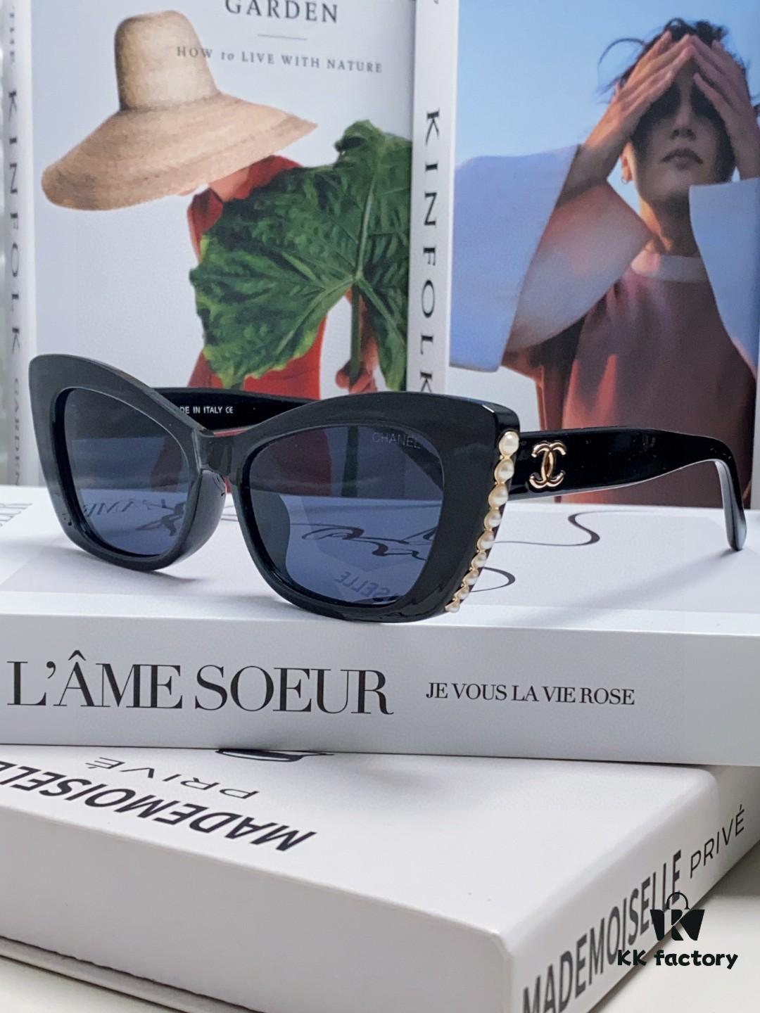 Chanel Natural Light Pink Pearl-Set Frame Trendy Fashion Women's Luxury Square Sunglasses