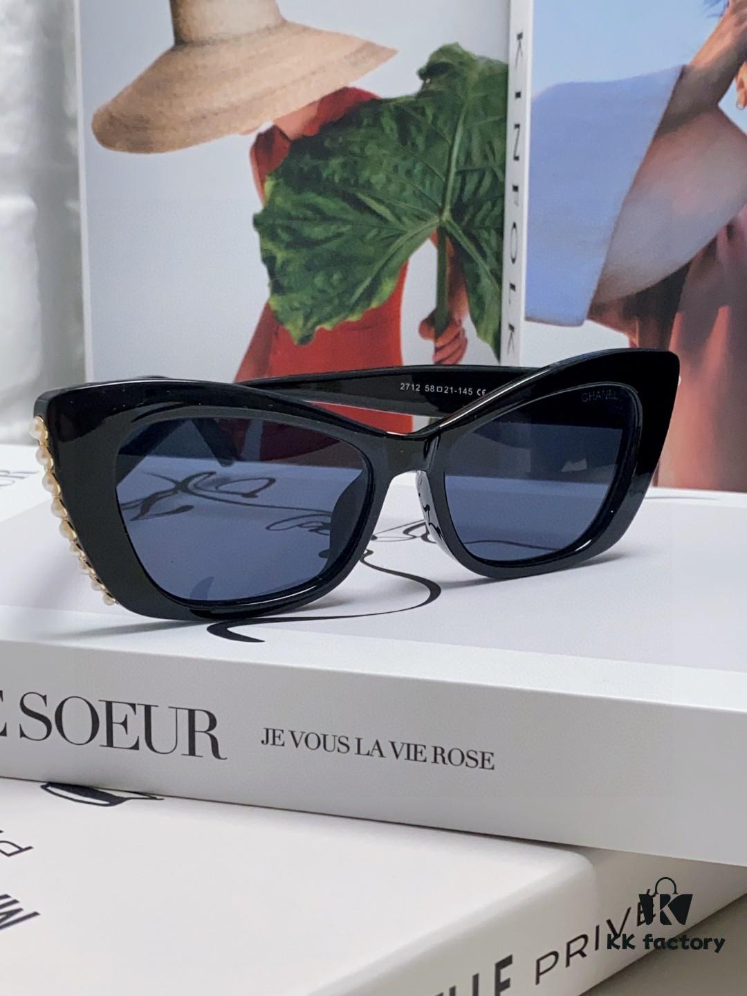 Chanel Natural Light Pink Pearl-Set Frame Trendy Fashion Women's Luxury Square Sunglasses