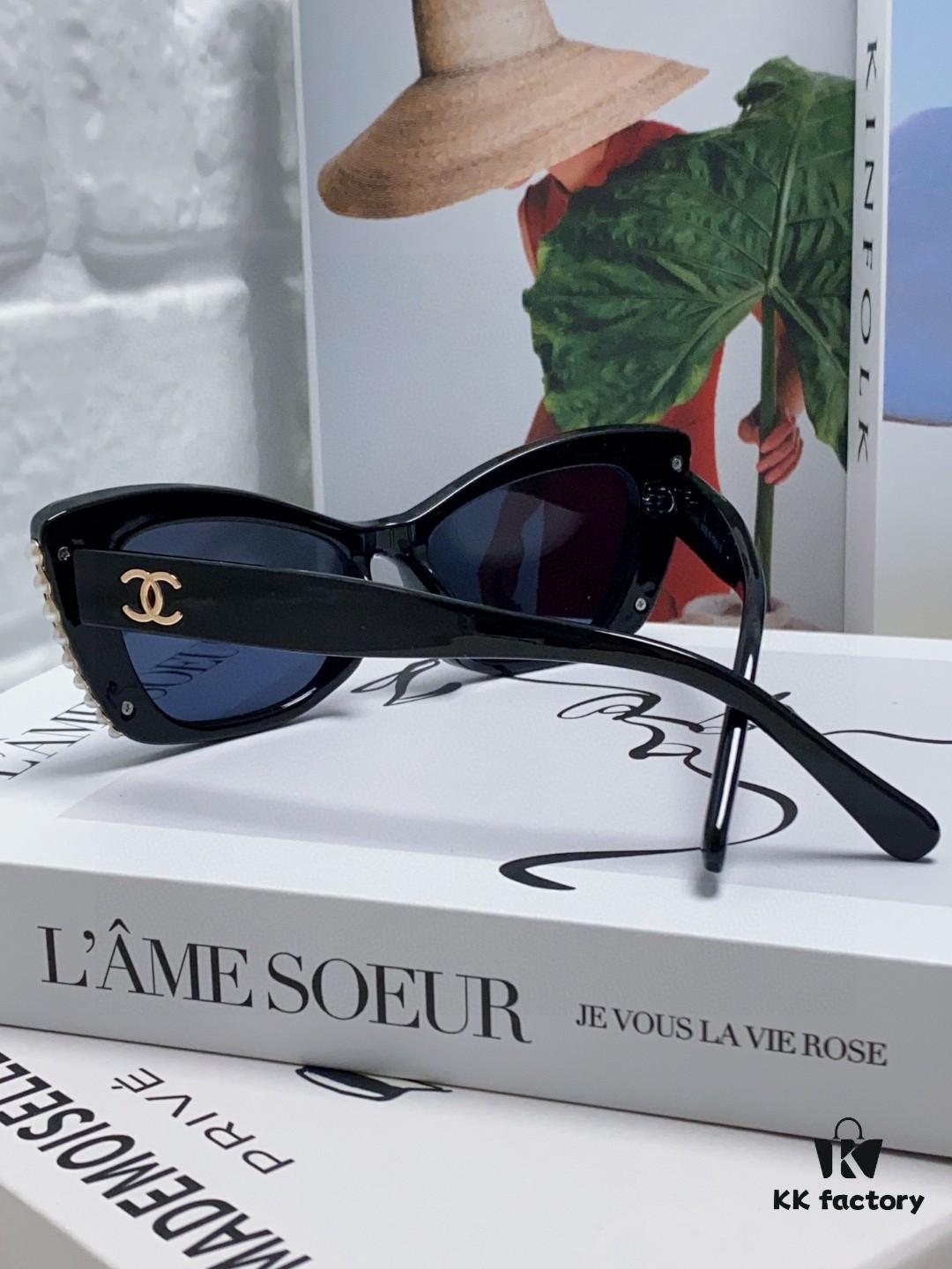 Chanel Natural Light Pink Pearl-Set Frame Trendy Fashion Women's Luxury Square Sunglasses