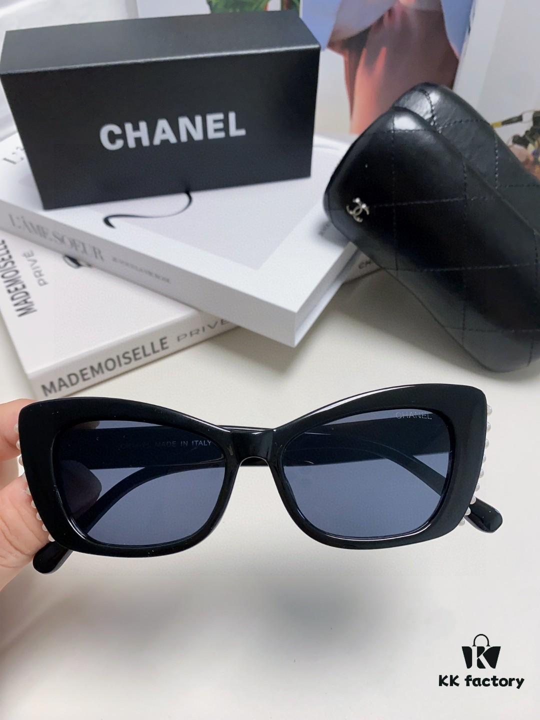 Chanel Natural Light Pink Pearl-Set Frame Trendy Fashion Women's Luxury Square Sunglasses