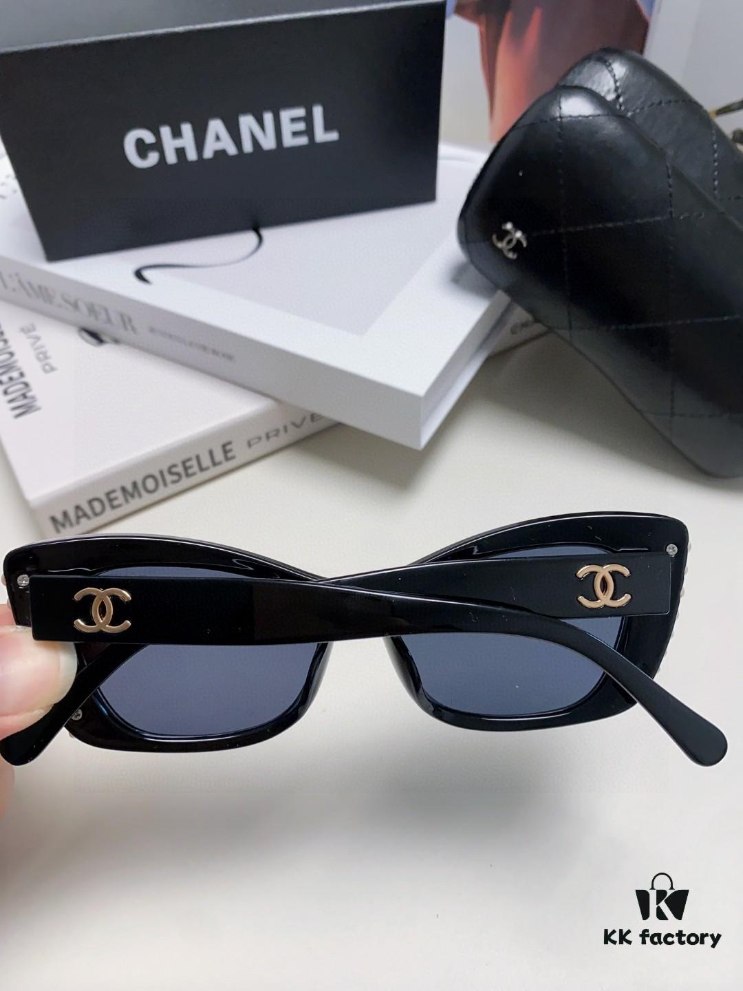 Chanel Natural Light Pink Pearl-Set Frame Trendy Fashion Women's Luxury Square Sunglasses