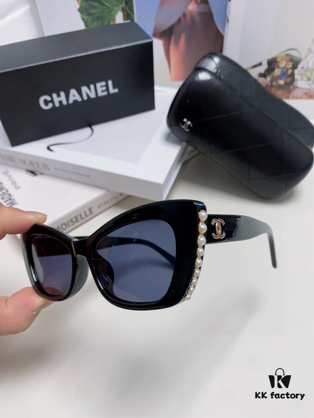 Chanel Natural Light Pink Pearl-Set Frame Trendy Fashion Women's Luxury Square Sunglasses