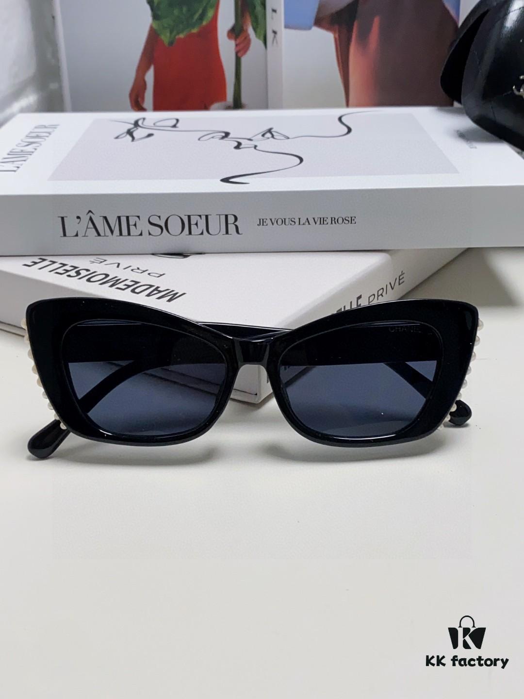 Chanel Natural Light Pink Pearl-Set Frame Trendy Fashion Women's Luxury Square Sunglasses