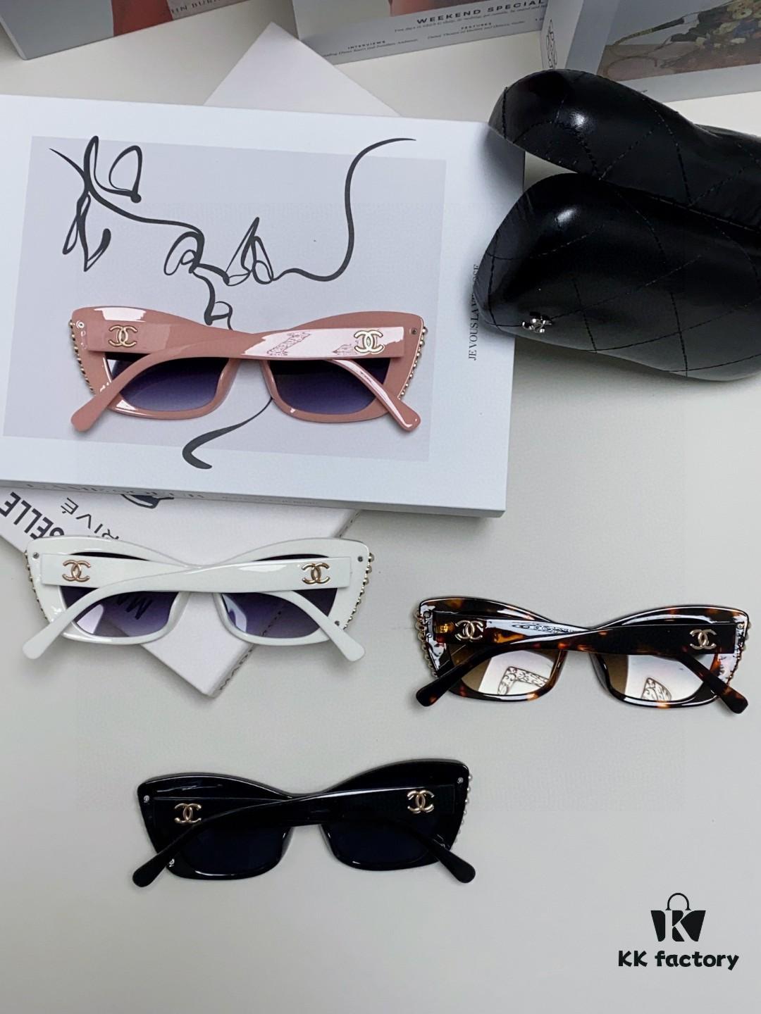 Chanel Natural Light Pink Pearl-Set Frame Trendy Fashion Women's Luxury Square Sunglasses