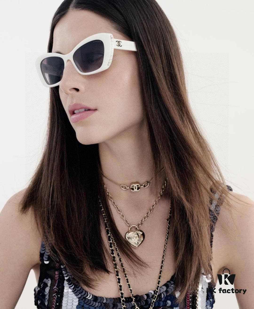 Chanel Natural Light Pink Pearl Inlaid Frame Fashion Luxury Women's Square Sunglasses