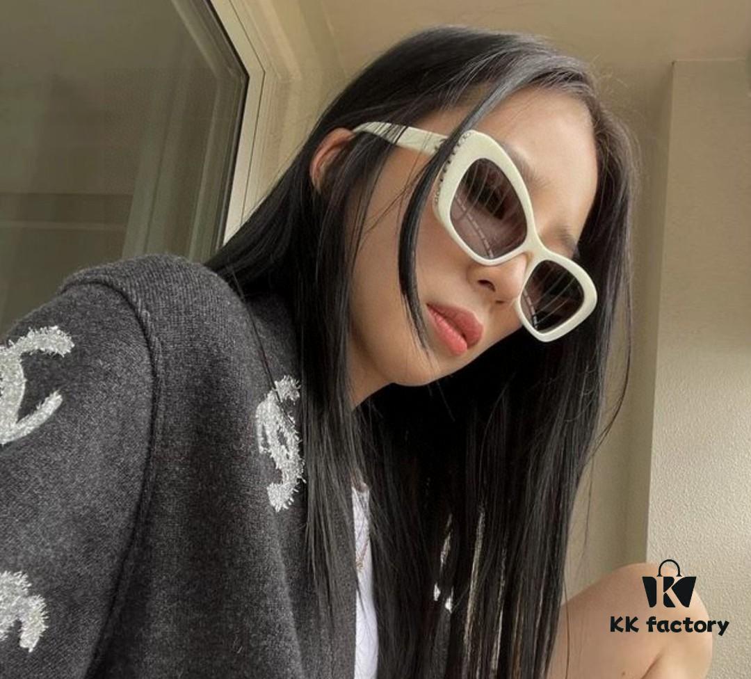 Chanel Natural Light Pink Pearl Inlaid Frame Fashion Luxury Women's Square Sunglasses