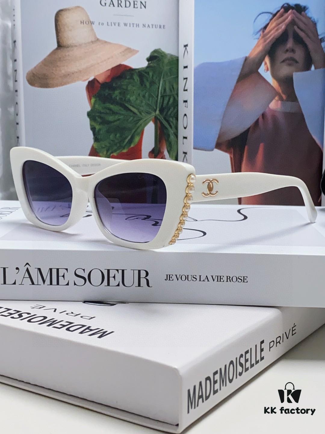 Chanel Natural Light Pink Pearl Inlaid Frame Fashion Luxury Women's Square Sunglasses