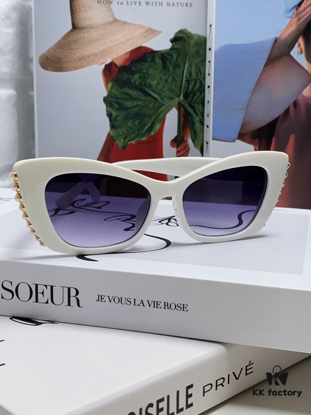 Chanel Natural Light Pink Pearl Inlaid Frame Fashion Luxury Women's Square Sunglasses