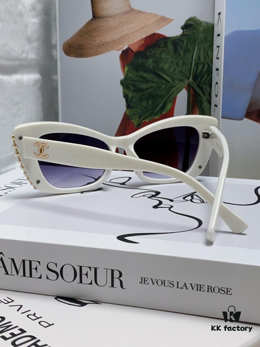 Chanel Natural Light Pink Pearl Inlaid Frame Fashion Luxury Women's Square Sunglasses