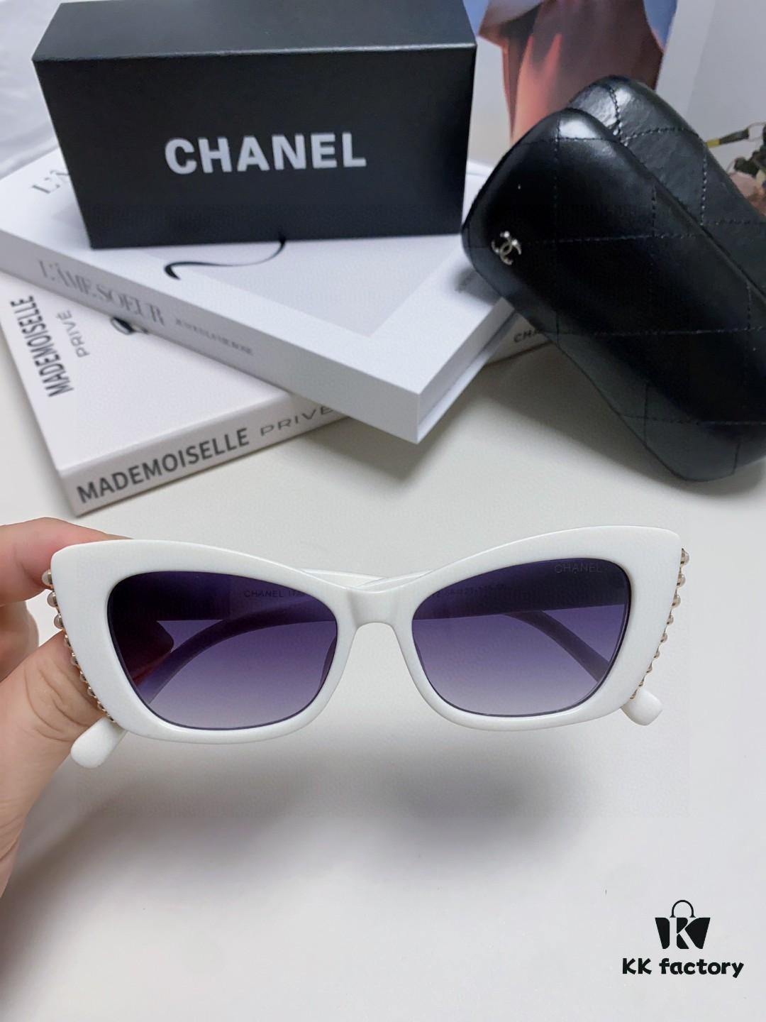 Chanel Natural Light Pink Pearl Inlaid Frame Fashion Luxury Women's Square Sunglasses