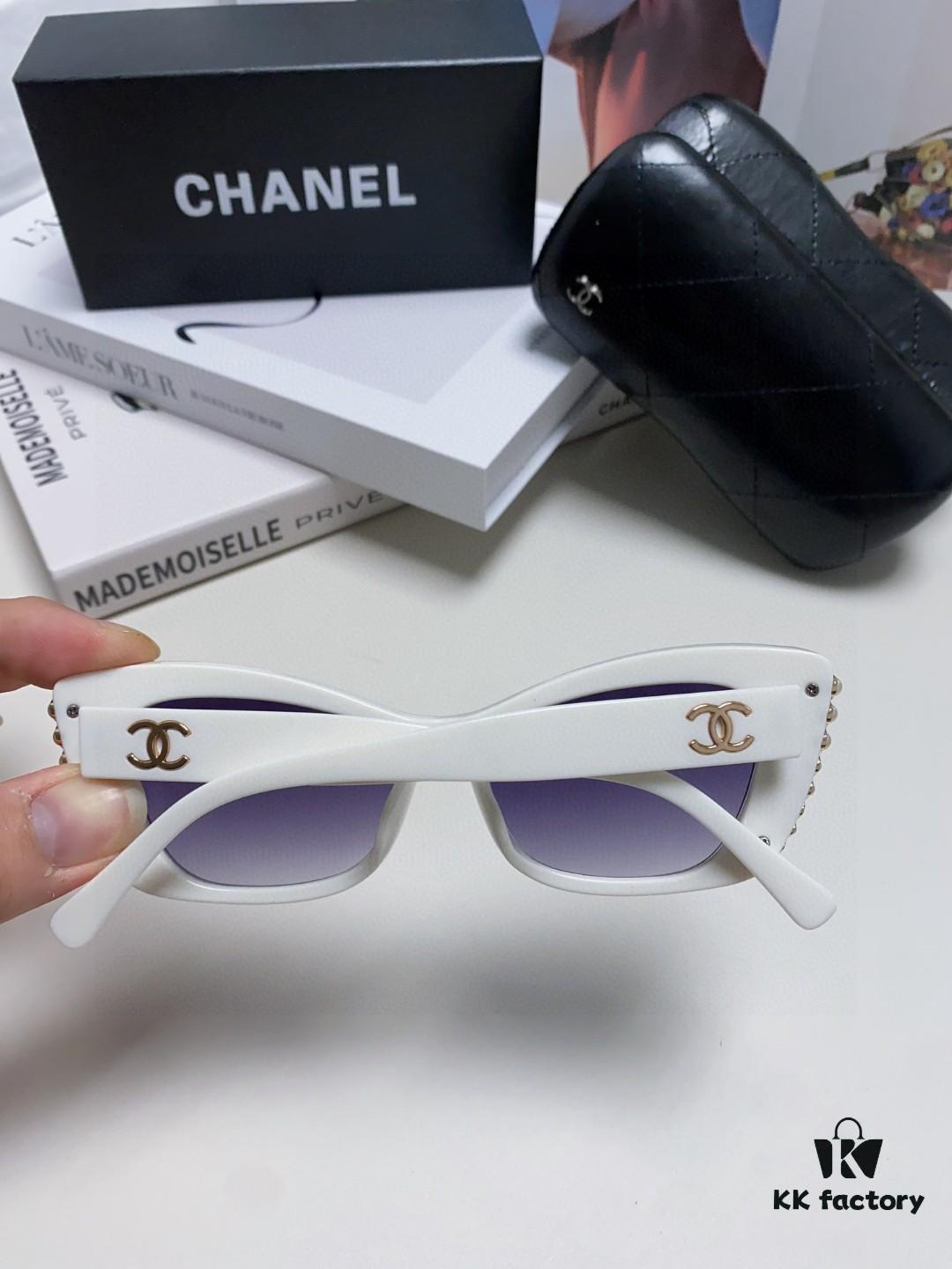 Chanel Natural Light Pink Pearl Inlaid Frame Fashion Luxury Women's Square Sunglasses