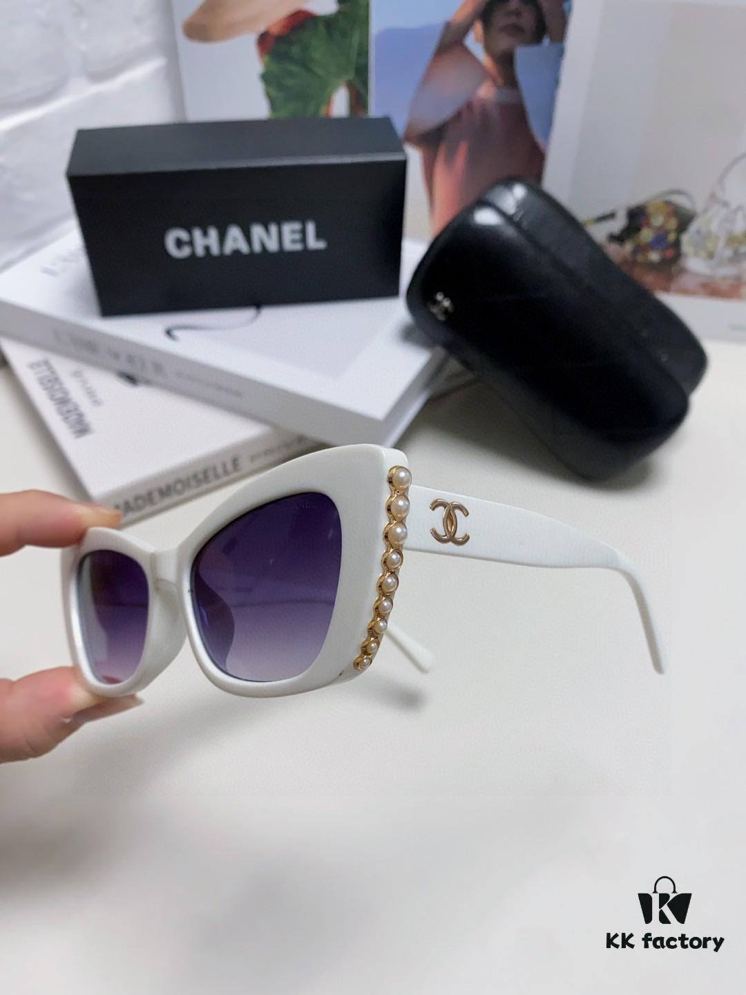 Chanel Natural Light Pink Pearl Inlaid Frame Fashion Luxury Women's Square Sunglasses