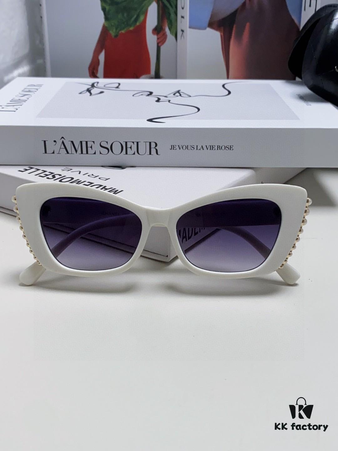 Chanel Natural Light Pink Pearl Inlaid Frame Fashion Luxury Women's Square Sunglasses