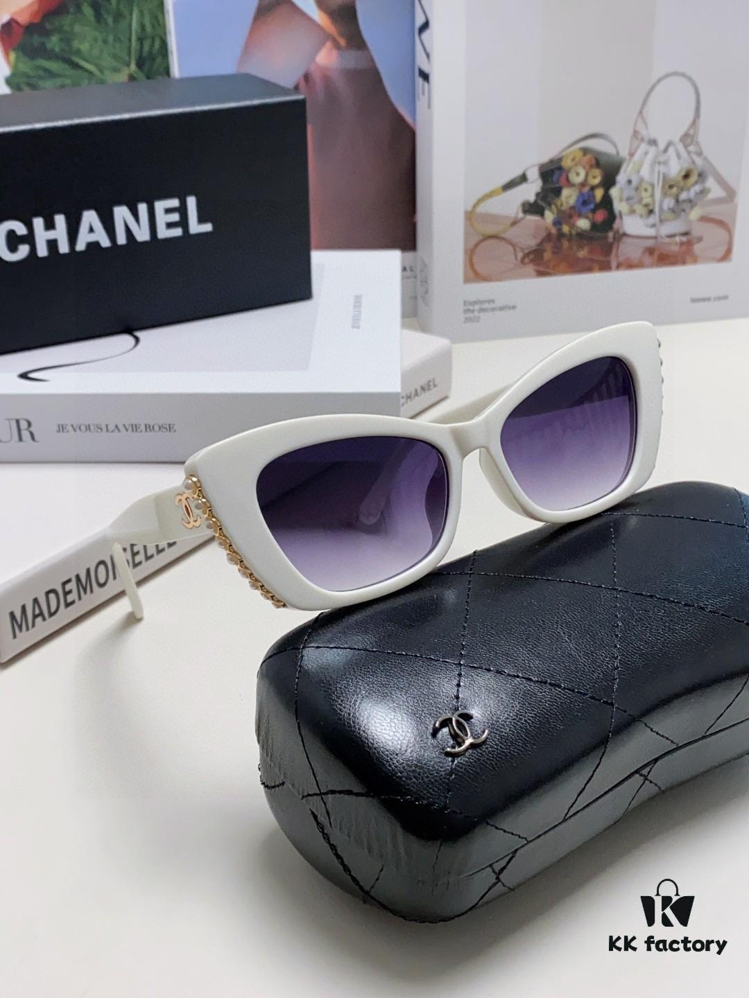 Chanel Natural Light Pink Pearl Inlaid Frame Fashion Luxury Women's Square Sunglasses