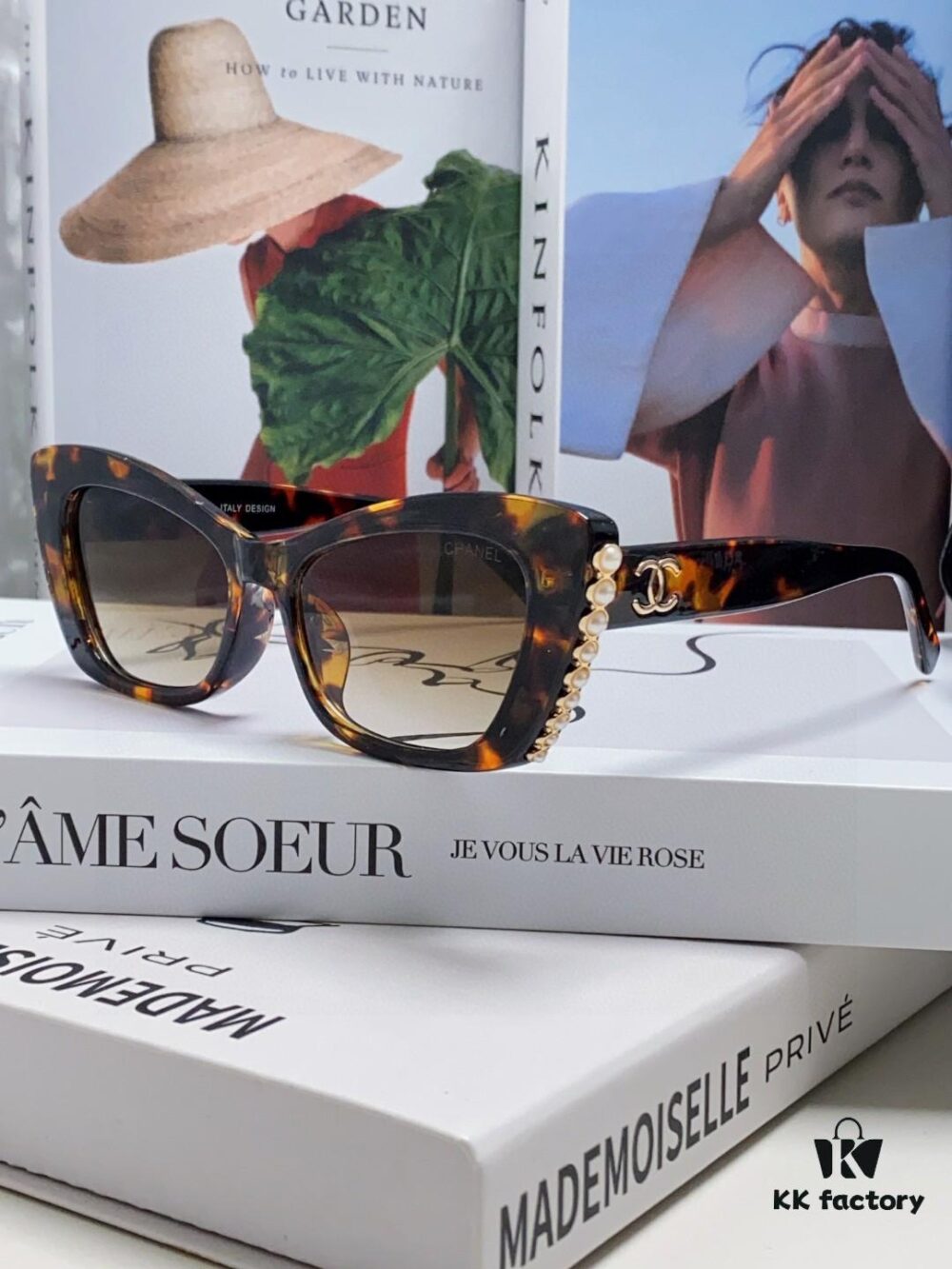 Chanel Natural Light Pink Pearl Inlaid Frame Fashion Luxury Women's Square Sunglasses