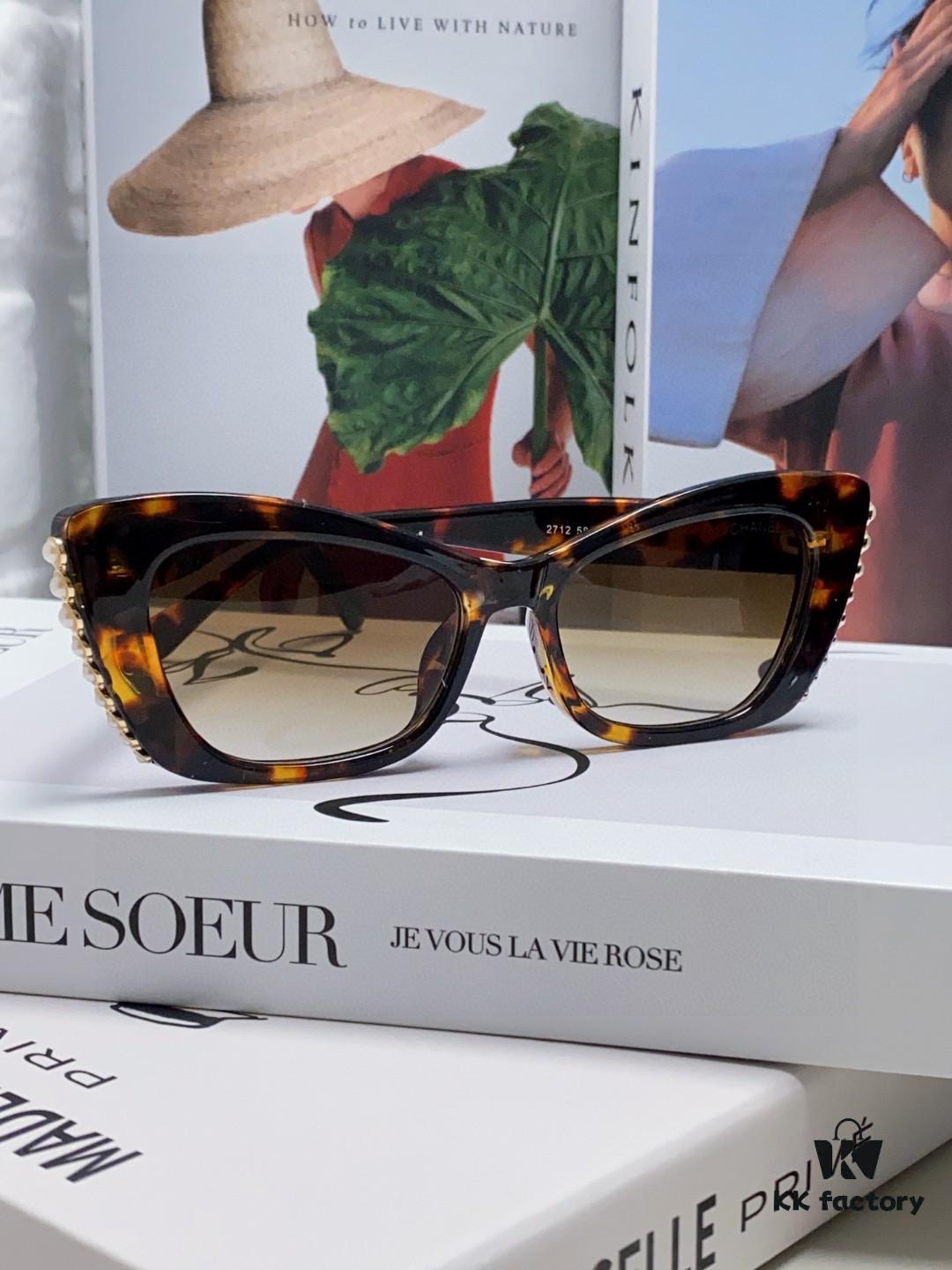 Chanel Natural Light Pink Pearl Inlaid Frame Fashion Luxury Women's Square Sunglasses