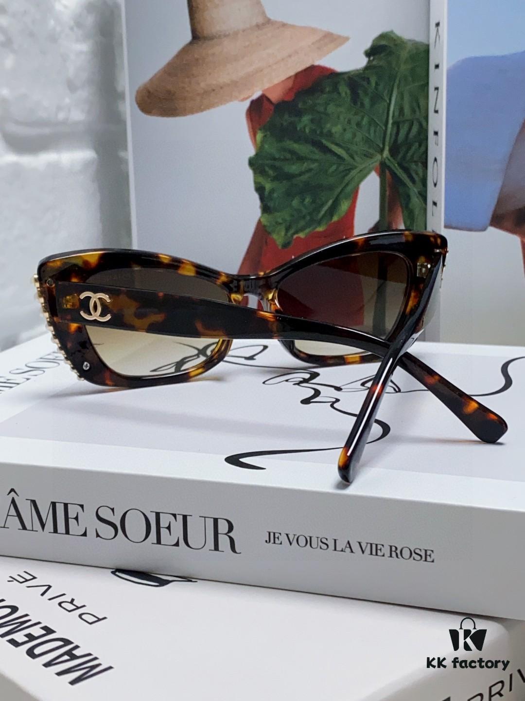 Chanel Natural Light Pink Pearl Inlaid Frame Fashion Luxury Women's Square Sunglasses