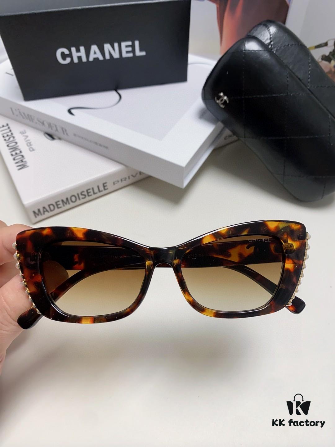 Chanel Natural Light Pink Pearl Inlaid Frame Fashion Luxury Women's Square Sunglasses