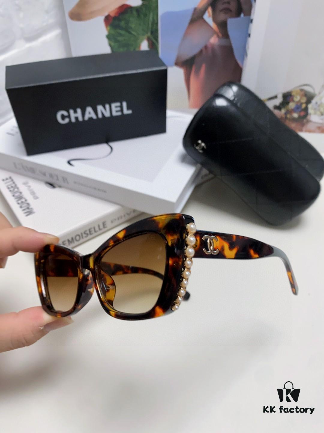 Chanel Natural Light Pink Pearl Inlaid Frame Fashion Luxury Women's Square Sunglasses