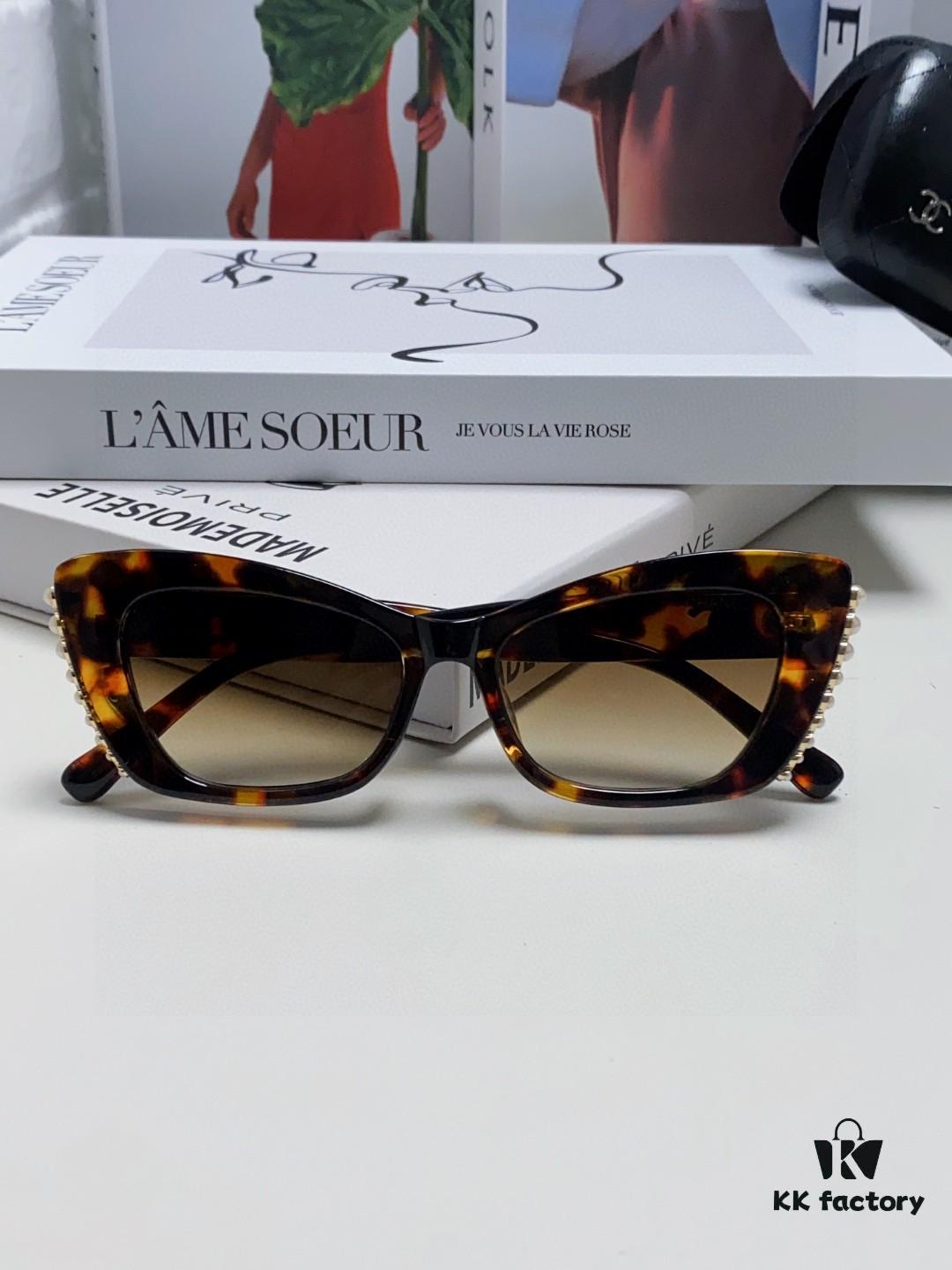 Chanel Natural Light Pink Pearl Inlaid Frame Fashion Luxury Women's Square Sunglasses