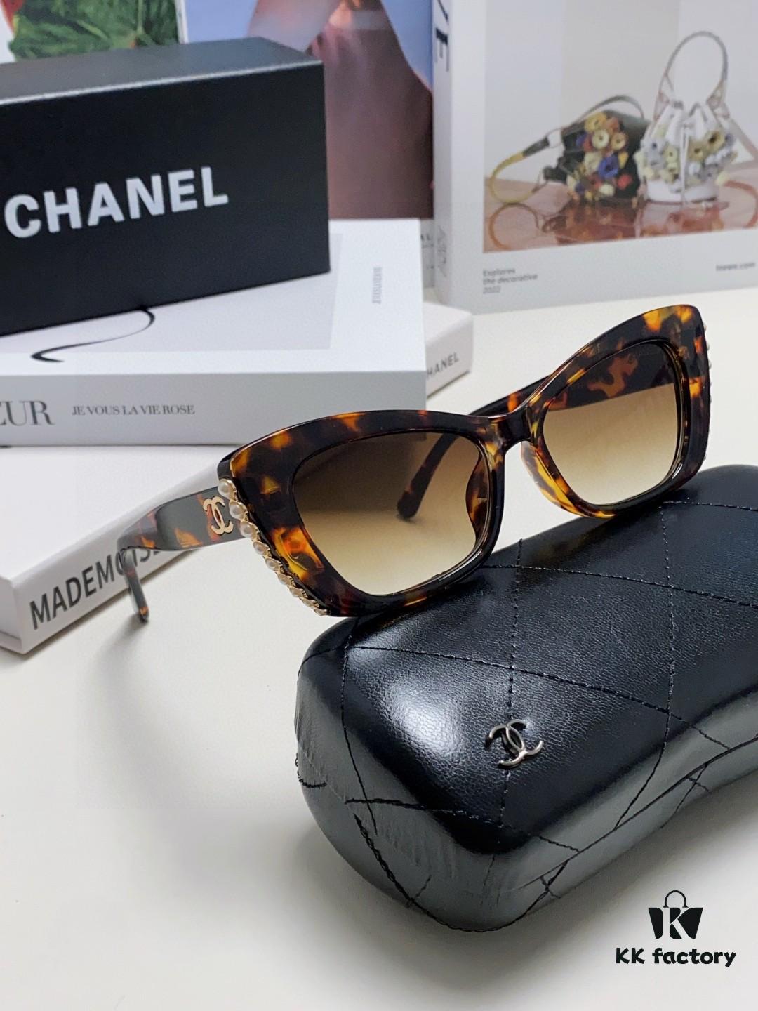 Chanel Natural Light Pink Pearl Inlaid Frame Fashion Luxury Women's Square Sunglasses