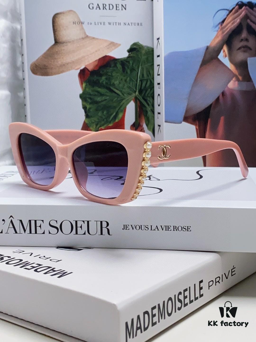 Chanel Natural Light Pink Pearl-Embellished Frame Trendy Fashion Women's Luxury Square Sunglasses