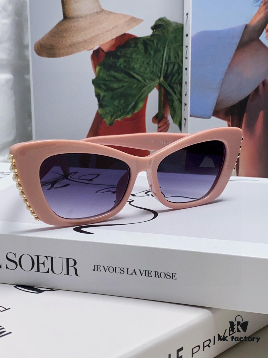 Chanel Natural Light Pink Pearl-Embellished Frame Trendy Fashion Women's Luxury Square Sunglasses