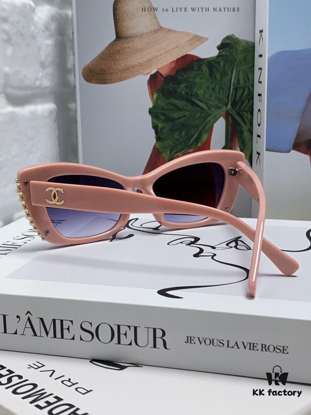 Chanel Natural Light Pink Pearl-Embellished Frame Trendy Fashion Women's Luxury Square Sunglasses