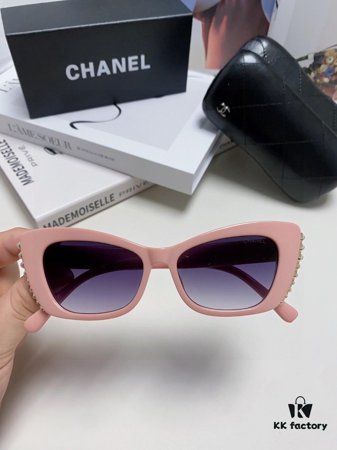 Chanel Natural Light Pink Pearl-Embellished Frame Trendy Fashion Women's Luxury Square Sunglasses