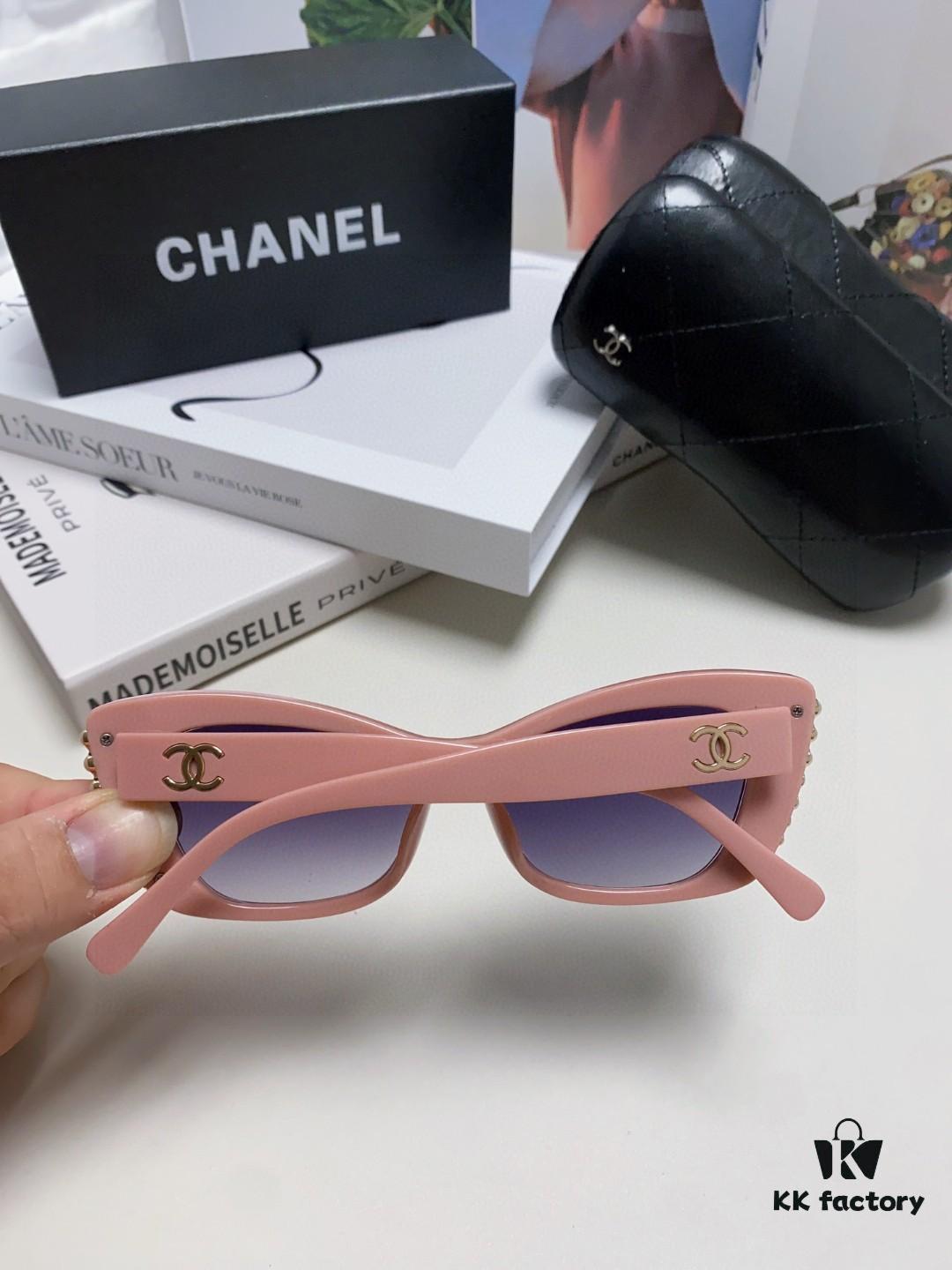 Chanel Natural Light Pink Pearl-Embellished Frame Trendy Fashion Women's Luxury Square Sunglasses