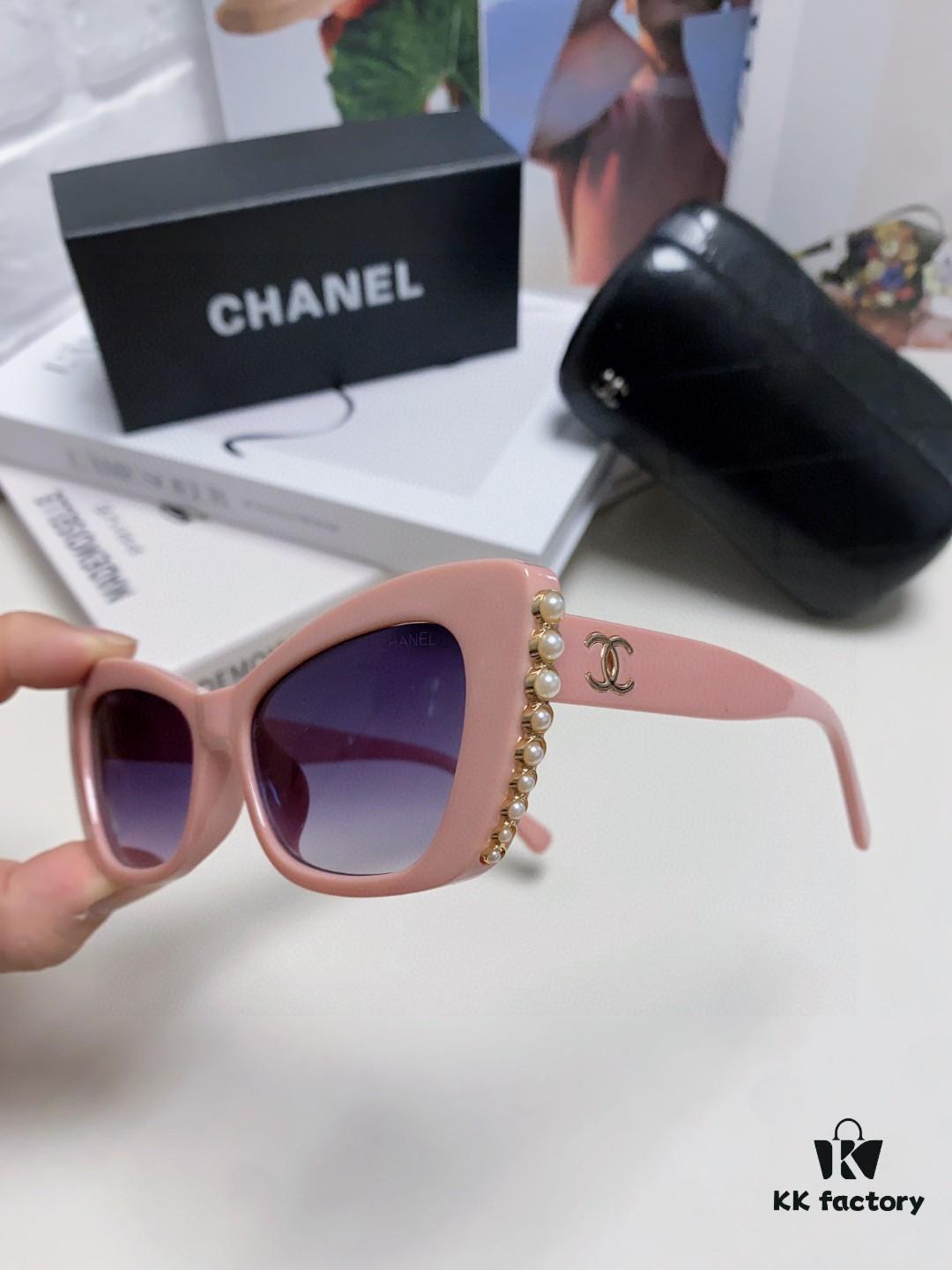 Chanel Natural Light Pink Pearl-Embellished Frame Trendy Fashion Women's Luxury Square Sunglasses