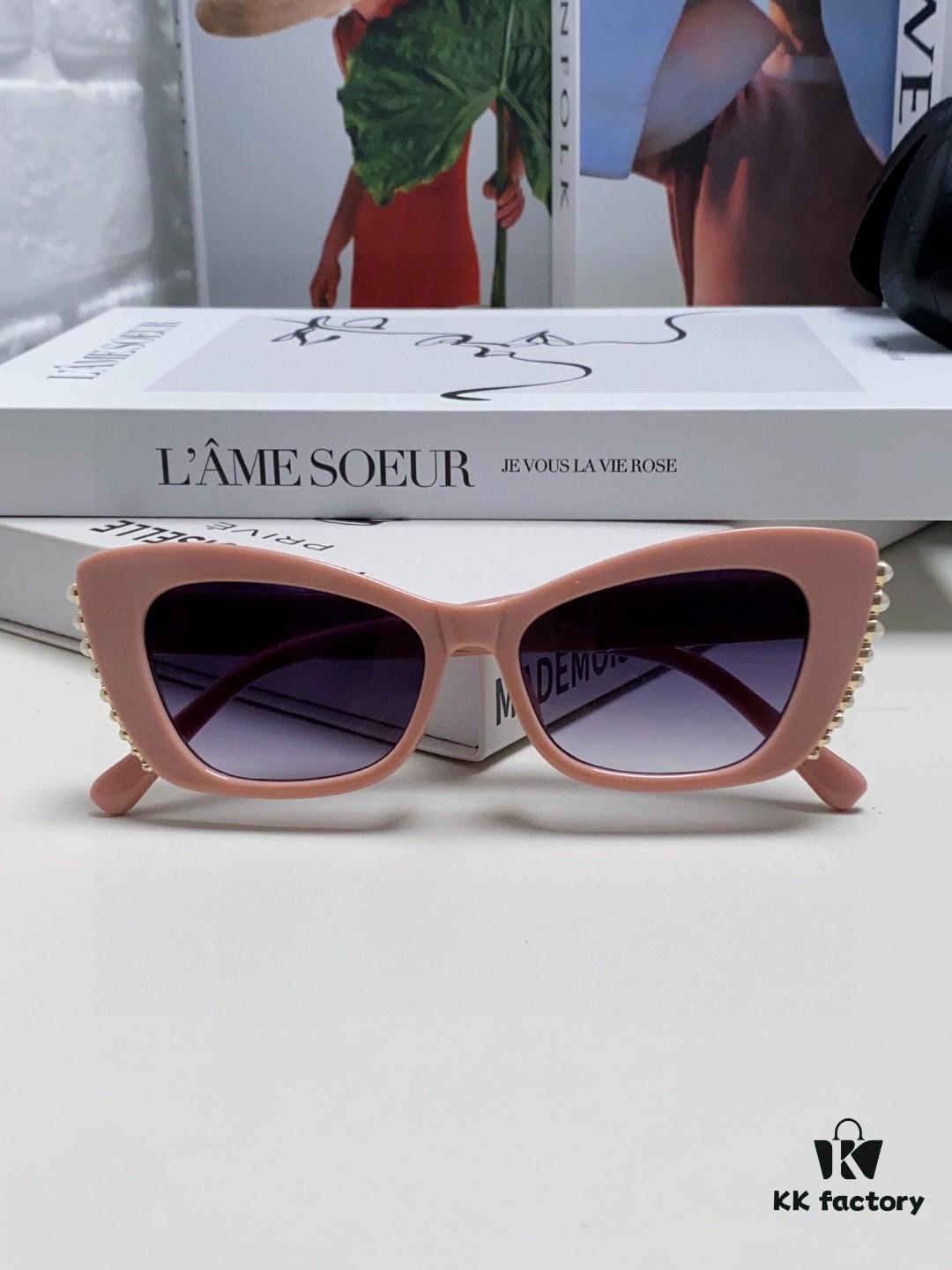 Chanel Natural Light Pink Pearl-Embellished Frame Trendy Fashion Women's Luxury Square Sunglasses
