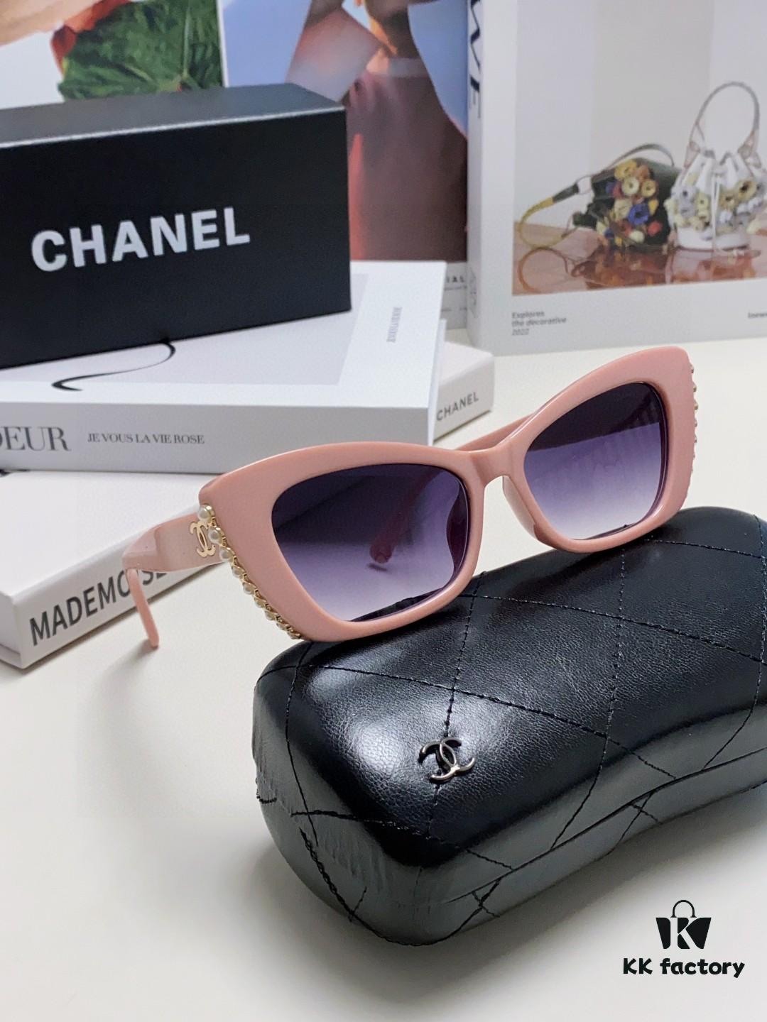 Chanel Natural Light Pink Pearl-Embellished Frame Trendy Fashion Women's Luxury Square Sunglasses