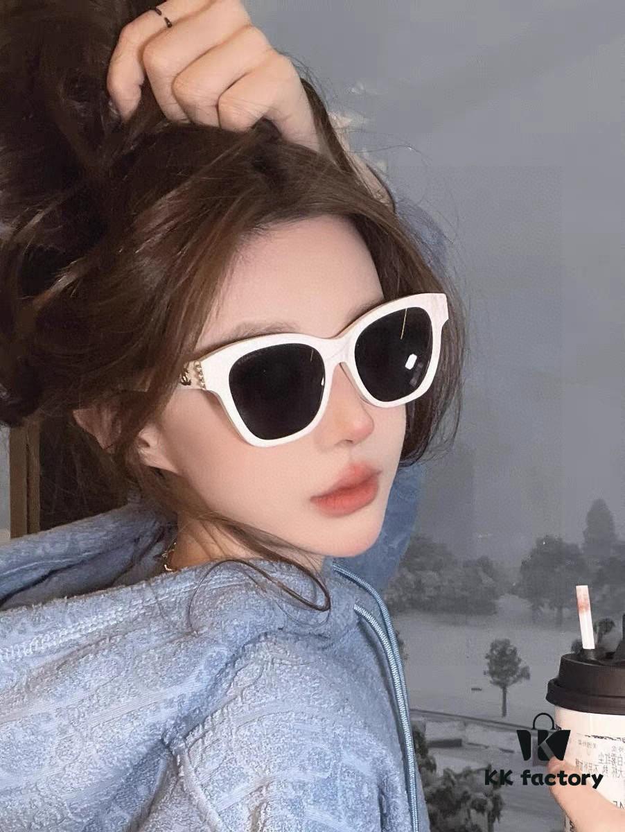 Chanel Pearl Sunglasses for Women, New Double C Polarized Celebrity Cat-eye Sun Glasses, Fashionable Popular Style