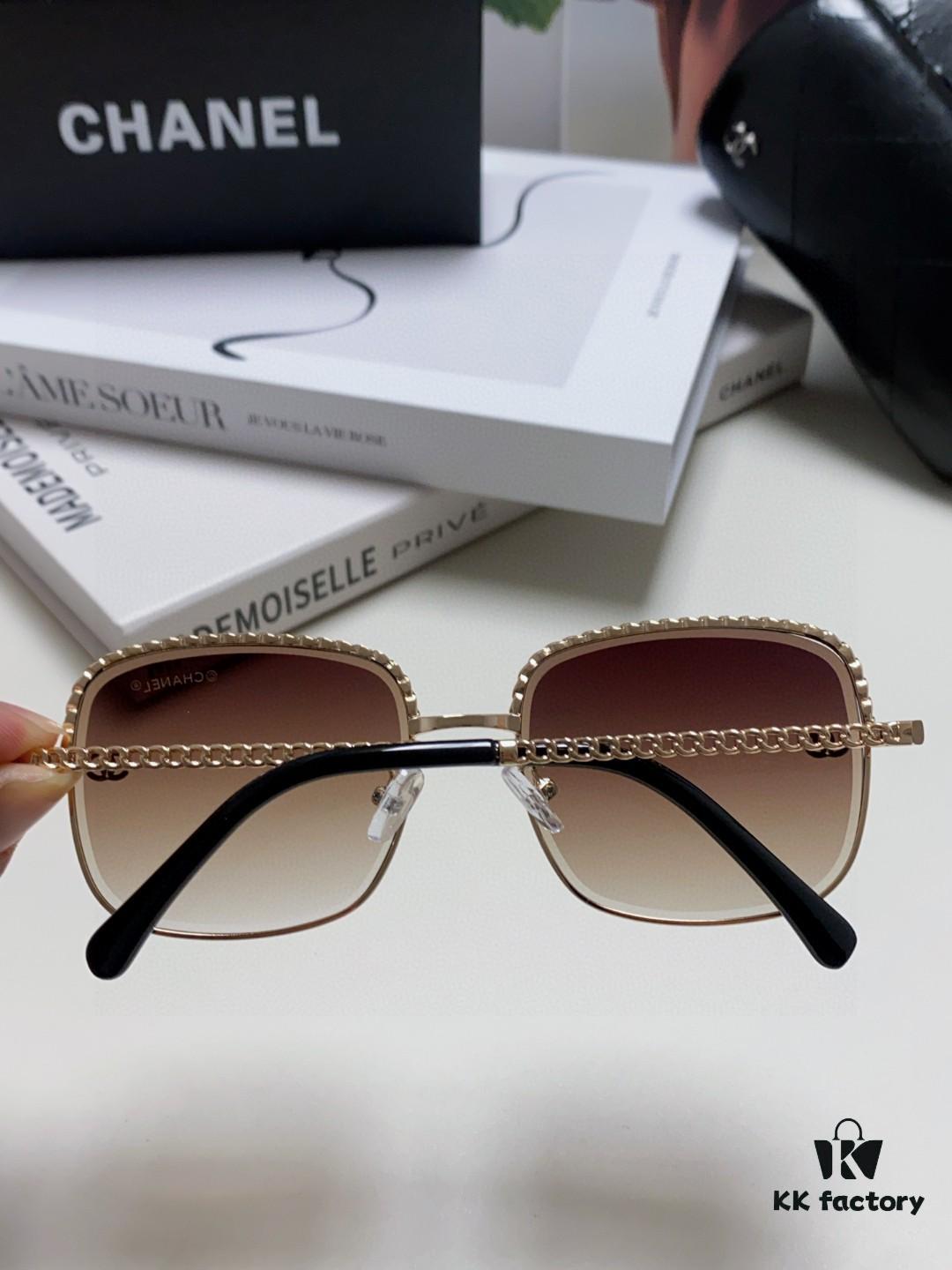 Chanel 2025 New Arrival Women's Sunglasses, Classic Chic Tea-Tinted UV-Protective Sunglasses with Chain Detail, Fashionable and Elegant Design