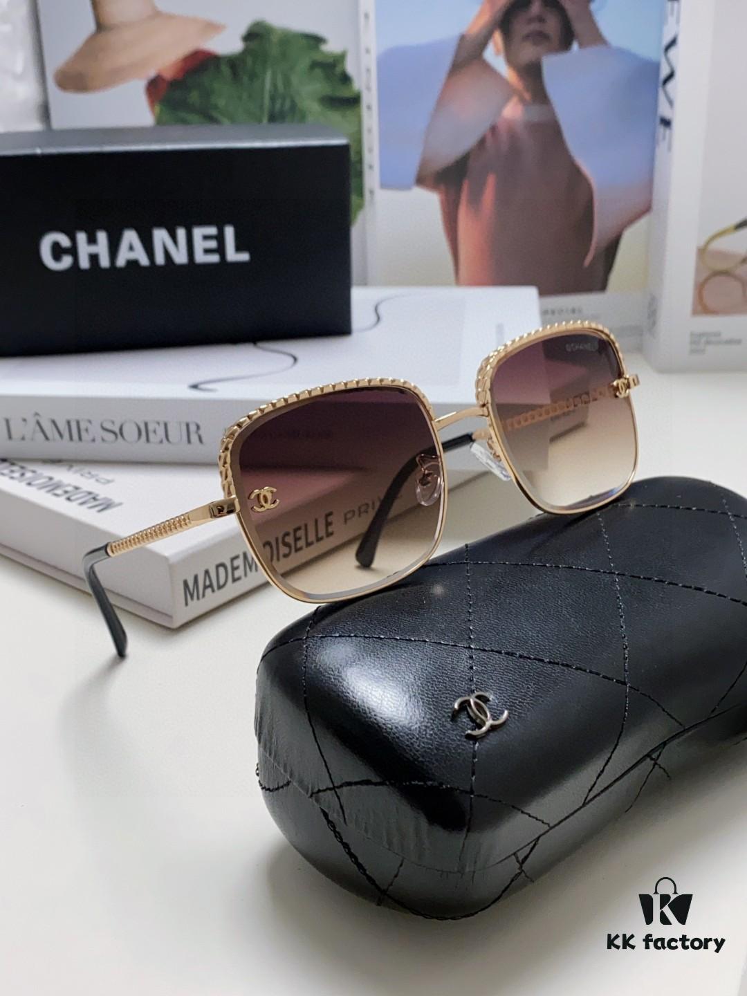 Chanel 2025 New Arrival Women's Sunglasses, Classic Chic Tea-Tinted UV-Protective Sunglasses with Chain Detail, Fashionable and Elegant Design