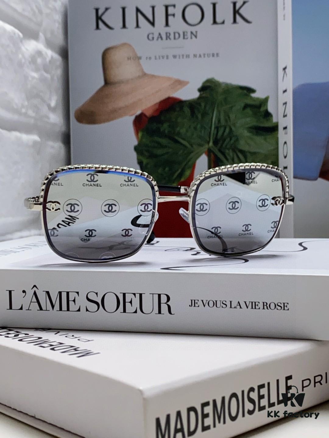 Chanel 2025 New Arrival Women's Sunglasses, Classic Tweed Style Brown UV-Protective Designer Shades with Chain Detail